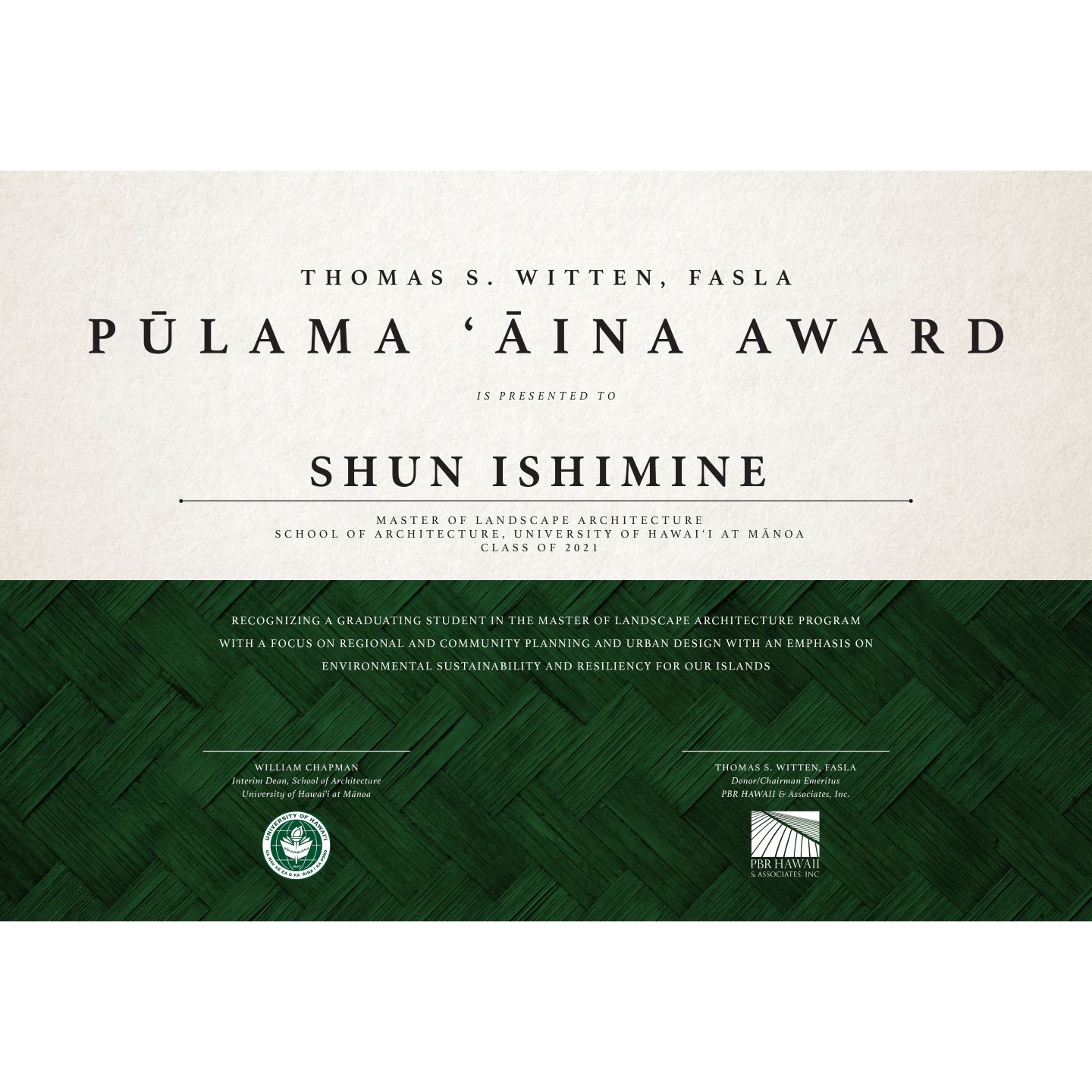 Shun Ishimine, MLA ’21 Wins Inaugural Pūlama ʻĀina Award
